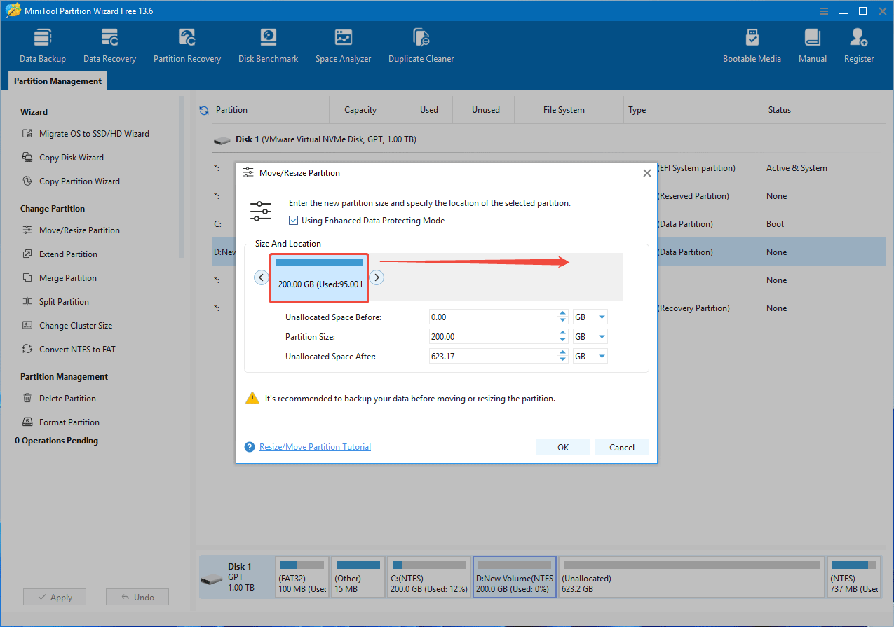 MiniTool Partition Wizard interface with the Move or Resize Partition wizard window.