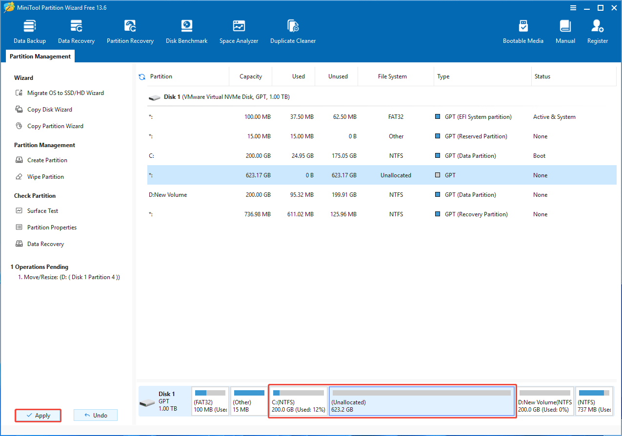 MiniTool Partition Wizard interface showing the move or resize operation to be applied.