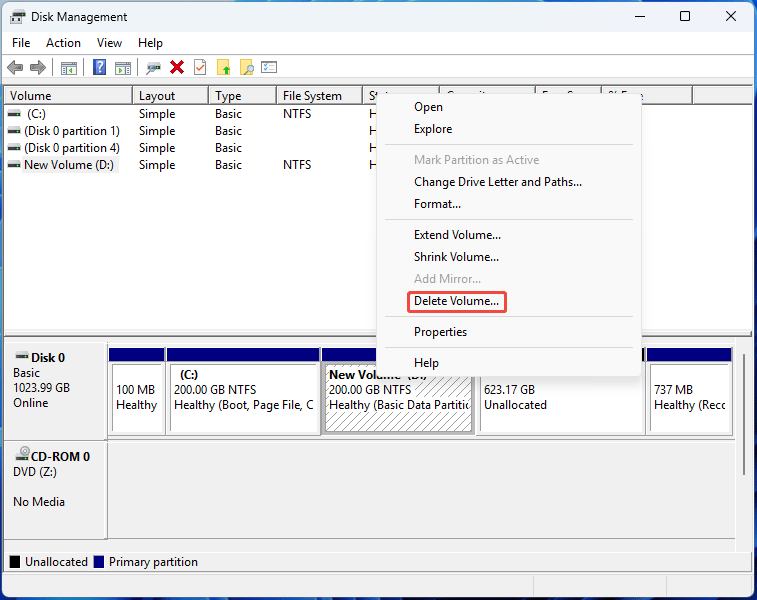 Disk Management interface with the selected Delete Volume option.