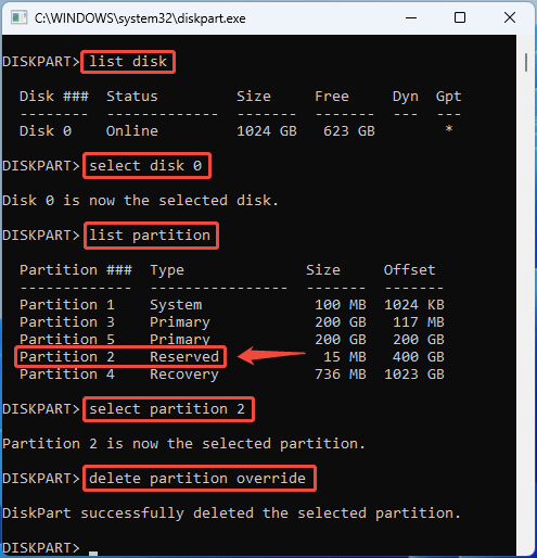 DiskPart window showing the partition force delete commands.
