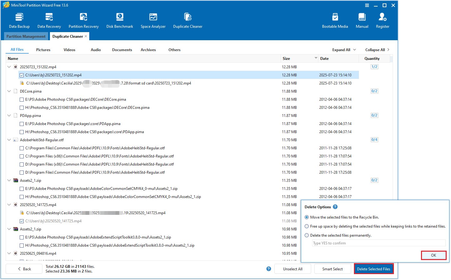 MiniTool Partition Wizardインターフェイスの右下隅で、[選択したファイルを削除してOK]オプションが選択されています。