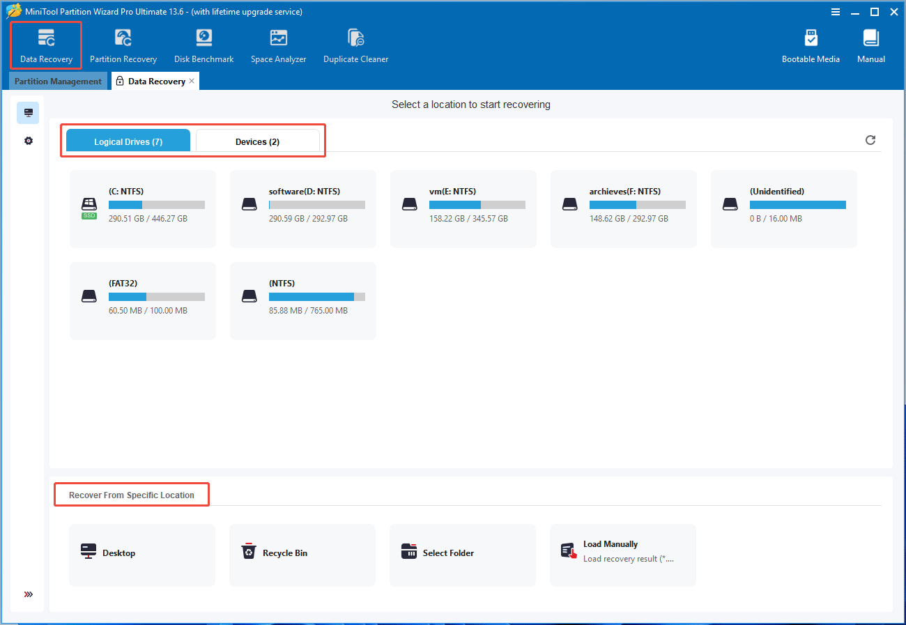 MiniTool Partition Wizard Data Recovery interface asking you to select a location to start recovering.