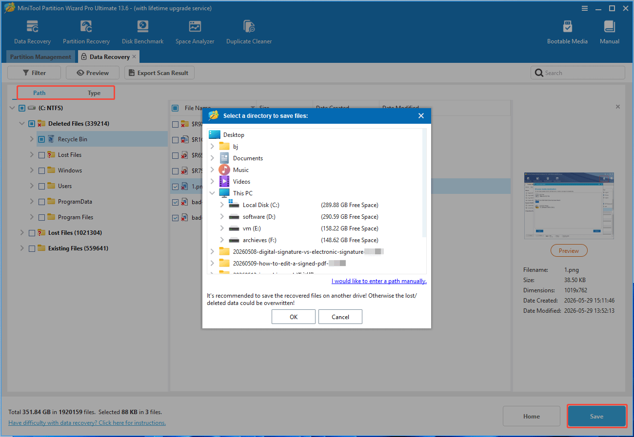 MiniTool Partition Wizard Data Recovery interface with selected files to recover.