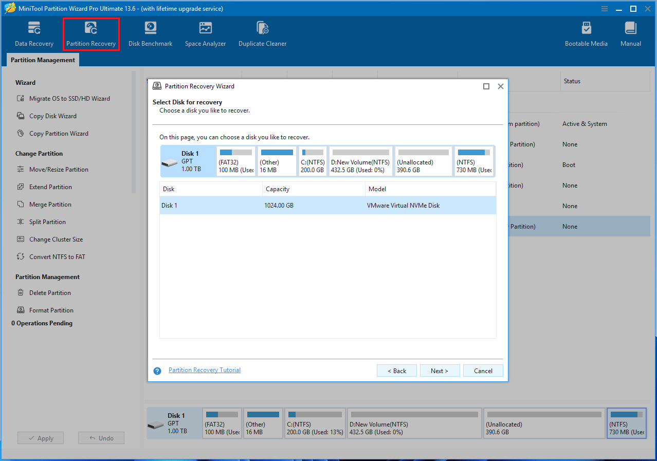 MiniTool Partition Wizard interface with the Partition Recovery Wizard window asking you to select a disk for recovery.