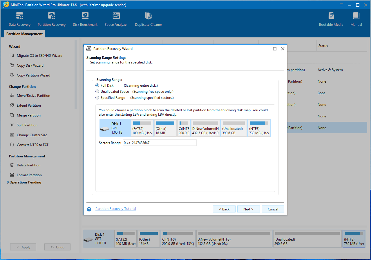 MiniTool Partition Wizard interface with the Partition Recovery Wizard window asking you to select a scanning range.