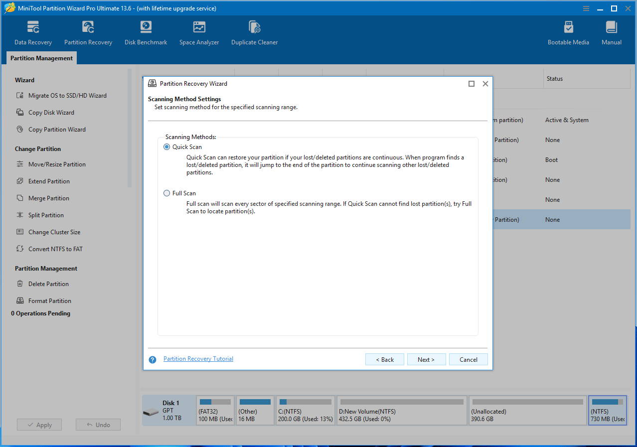 MiniTool Partition Wizard interface with the Partition Recovery Wizard window asking you to select a scanning method.