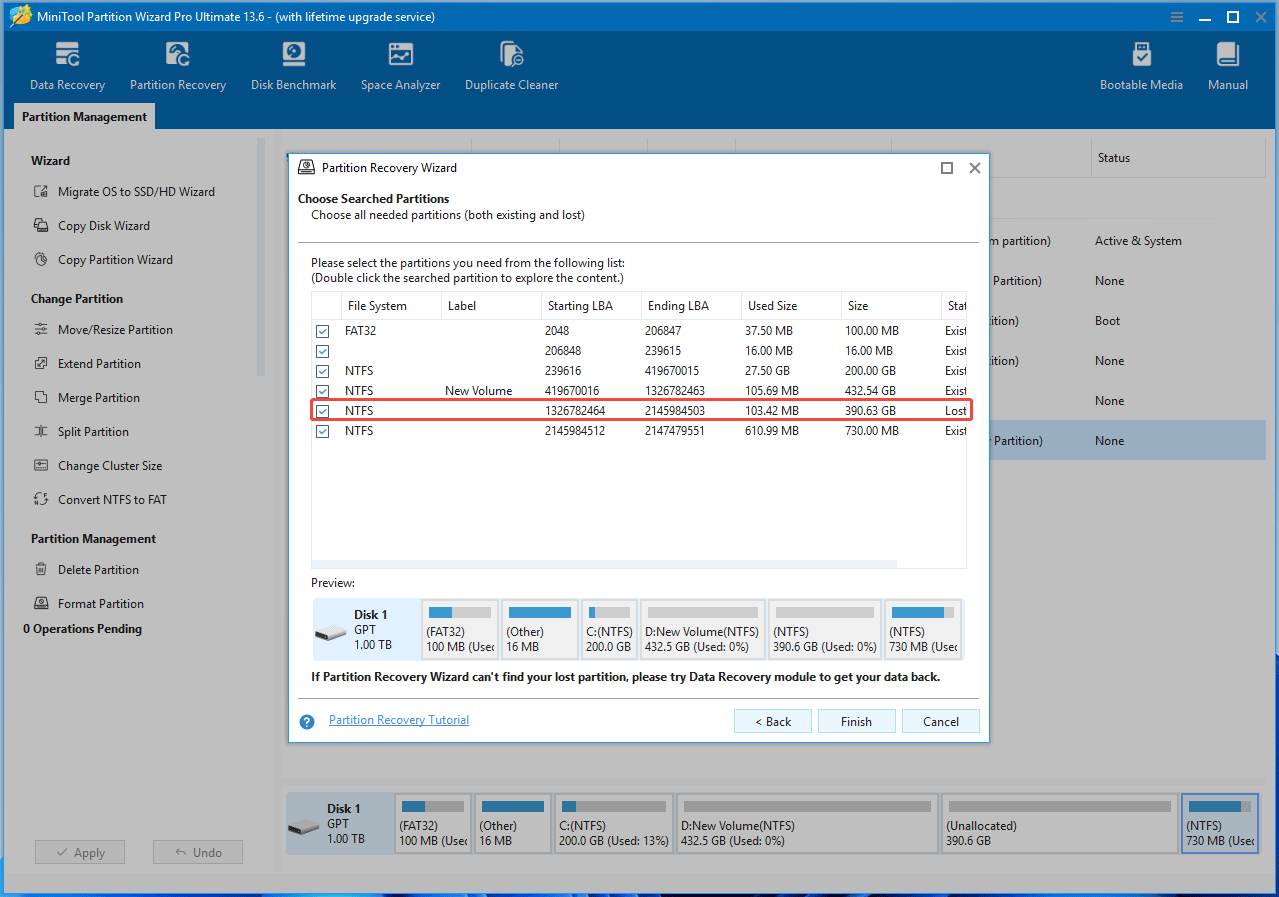 MiniTool Partition Wizard interface with the Partition Recovery Wizard window asking you to select partitions to be recovered.