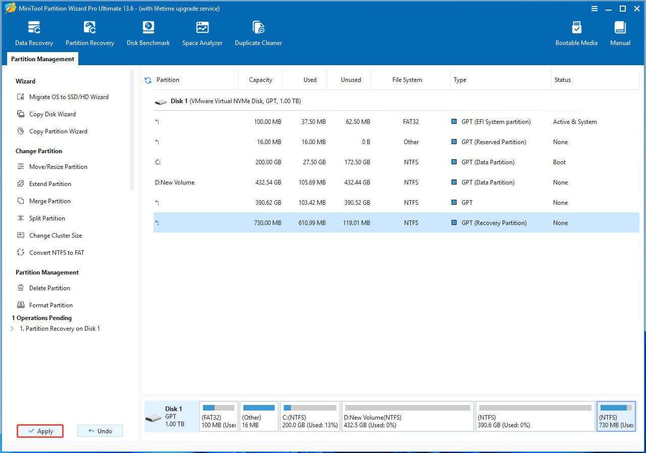 MiniTool Partition Wizard interface with the selected Apply button.