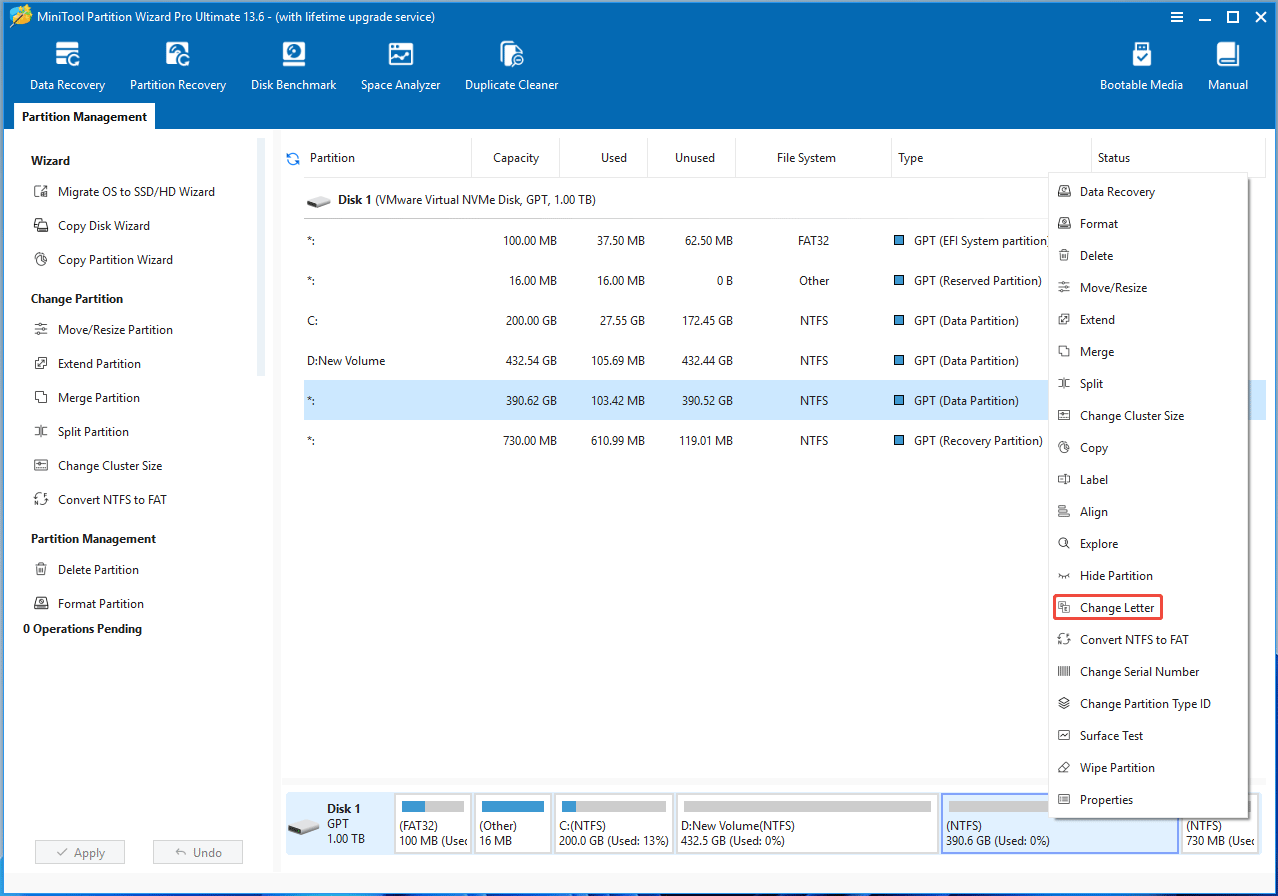 MiniTool Partition Wizard interface with the selected Change Letter option.