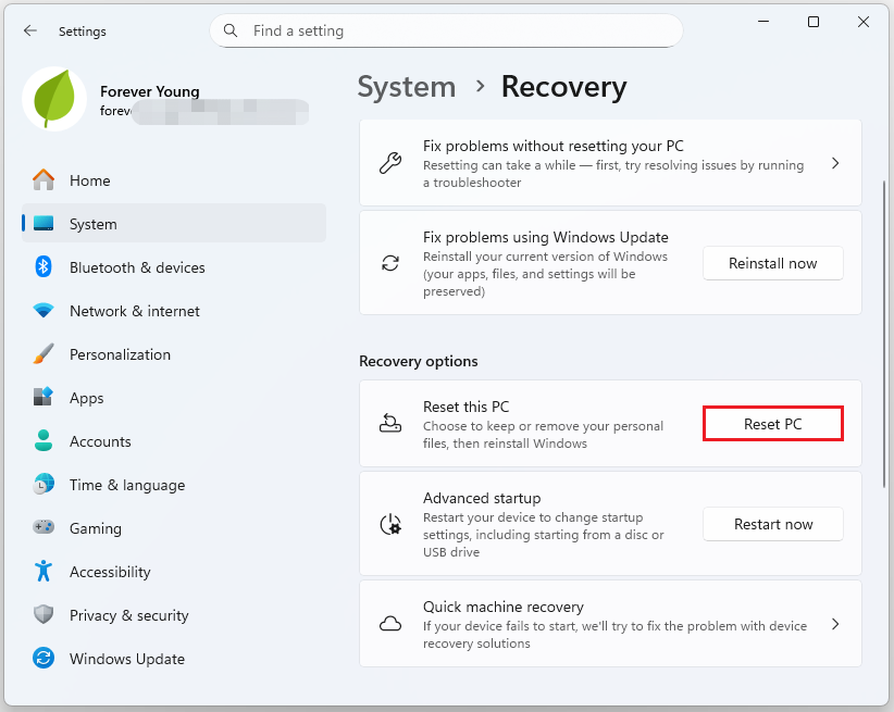 The Settings interface with the selected Reset PC option.