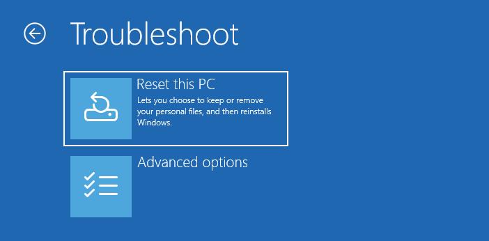 The Troubleshoot interface with the selected Reset this PC option.