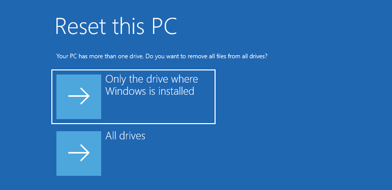 The Reset this PC interface with the selected Only the drive where Windows is installed option.