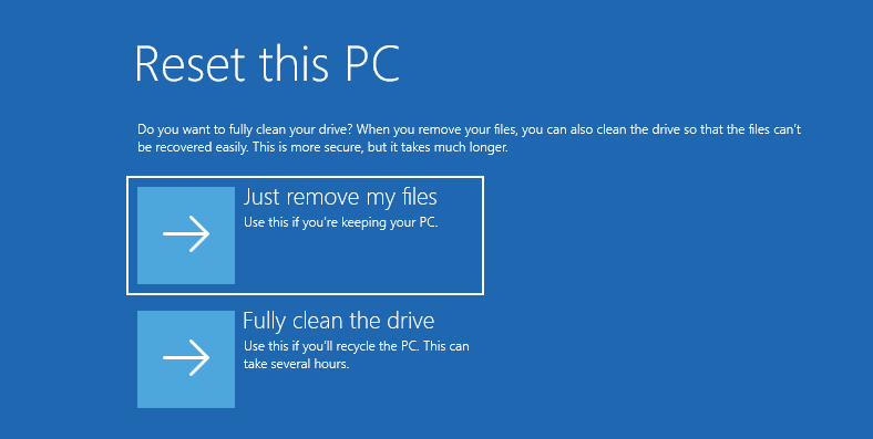 The Reset this PC interface with the selected Just remove my files.