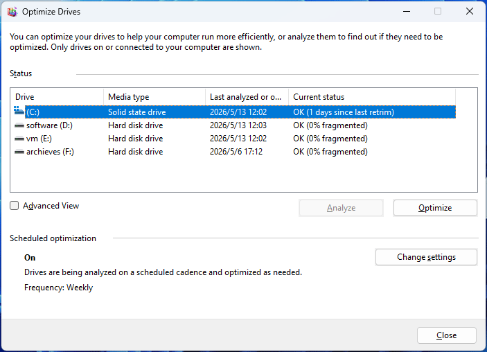 The Optimize Drives window with the C drive highlighted.