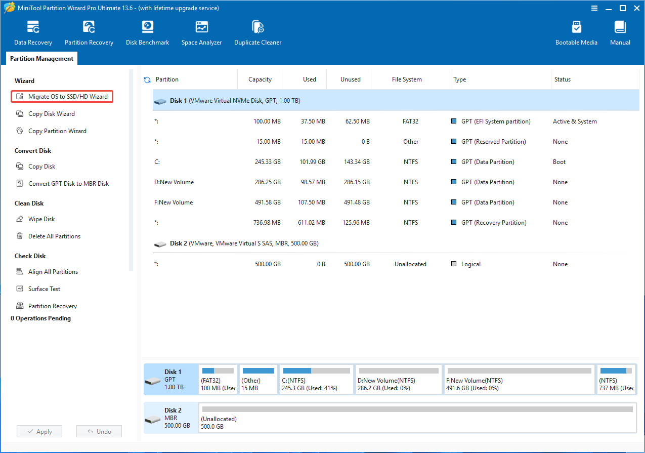 MiniTool Partition Wizard interface with the selected Migrate OS to SSD HD Wizard feature.