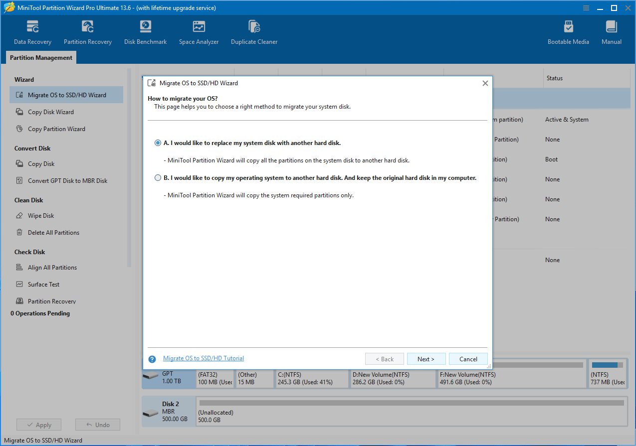 MiniTool Partition Wizard interface with the Migrate OS to SSD HD Wizard asking you to choose a migration method.