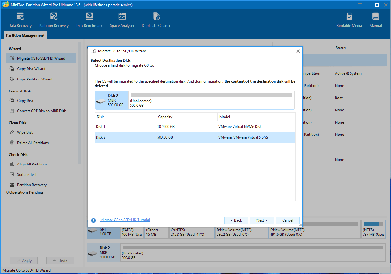 MiniTool Partition Wizard interface with the Migrate OS to SSD HD Wizard asking you to choose a destination disk.