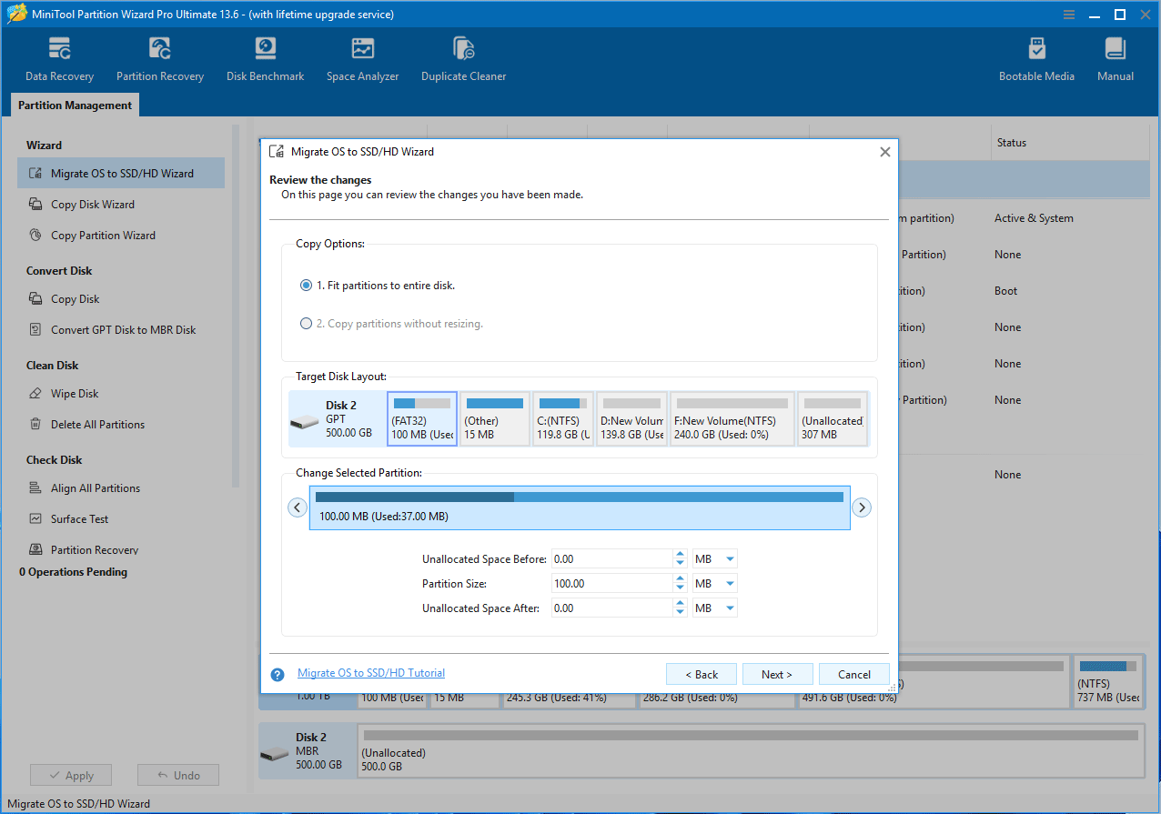 MiniTool Partition Wizard interface with the Migrate OS to SSD HD Wizard letting you to review the changes.
