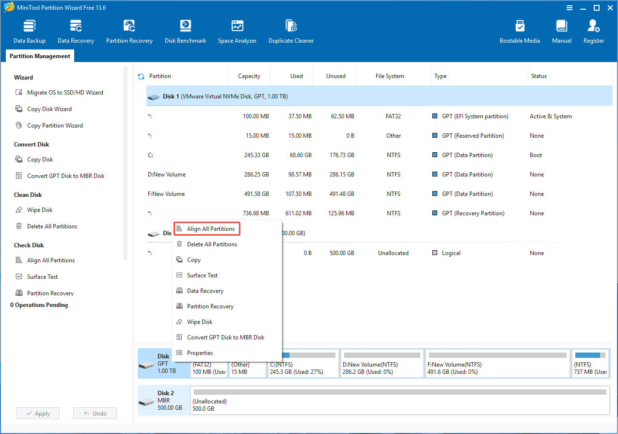 MiniTool Partition Wizard interface with the selected Align All Partitions option.