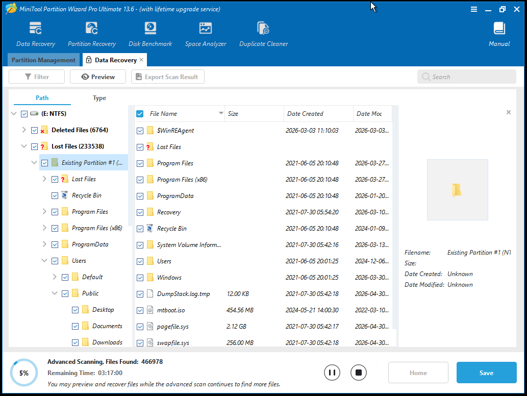 The MiniTool Partition Wizard interface with the data recovery scanning results shown.