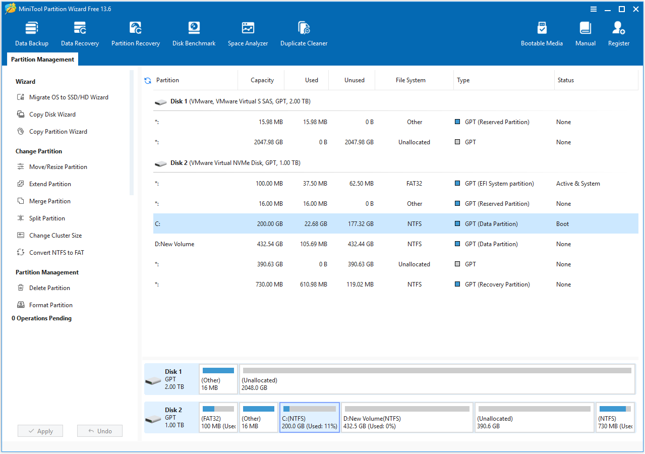 The interface of MiniTool Partition Wizard free edition.