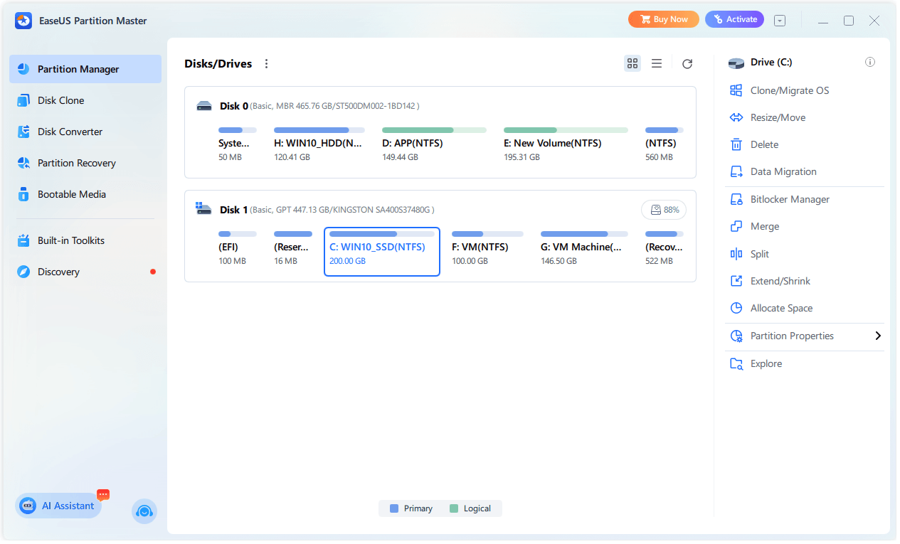 The interface of EaseUS Partition Master.