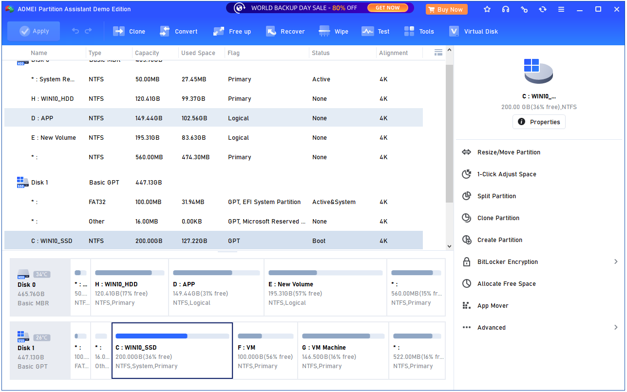 The interface of AOMEI Partition Assistant Demo Edition.
