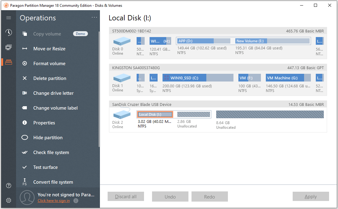 The interface of Paragon Partition Manager 18 Community Edition.