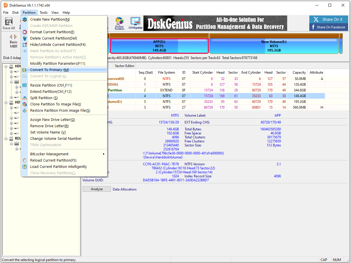 The interface of DiskGenius with the drop-down Partition menu.