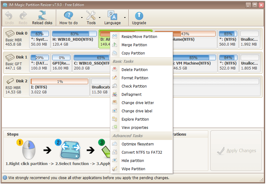 The interface of IM-Magic Partition Resizer with the right-click menu.