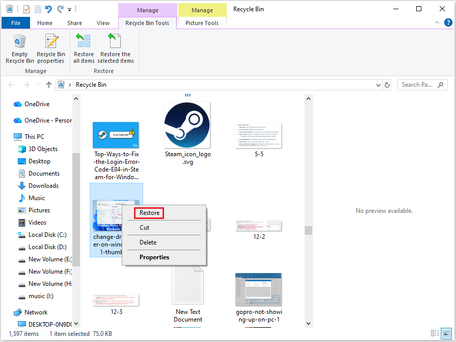 The Recycle Bin interface with the selected Restore option.