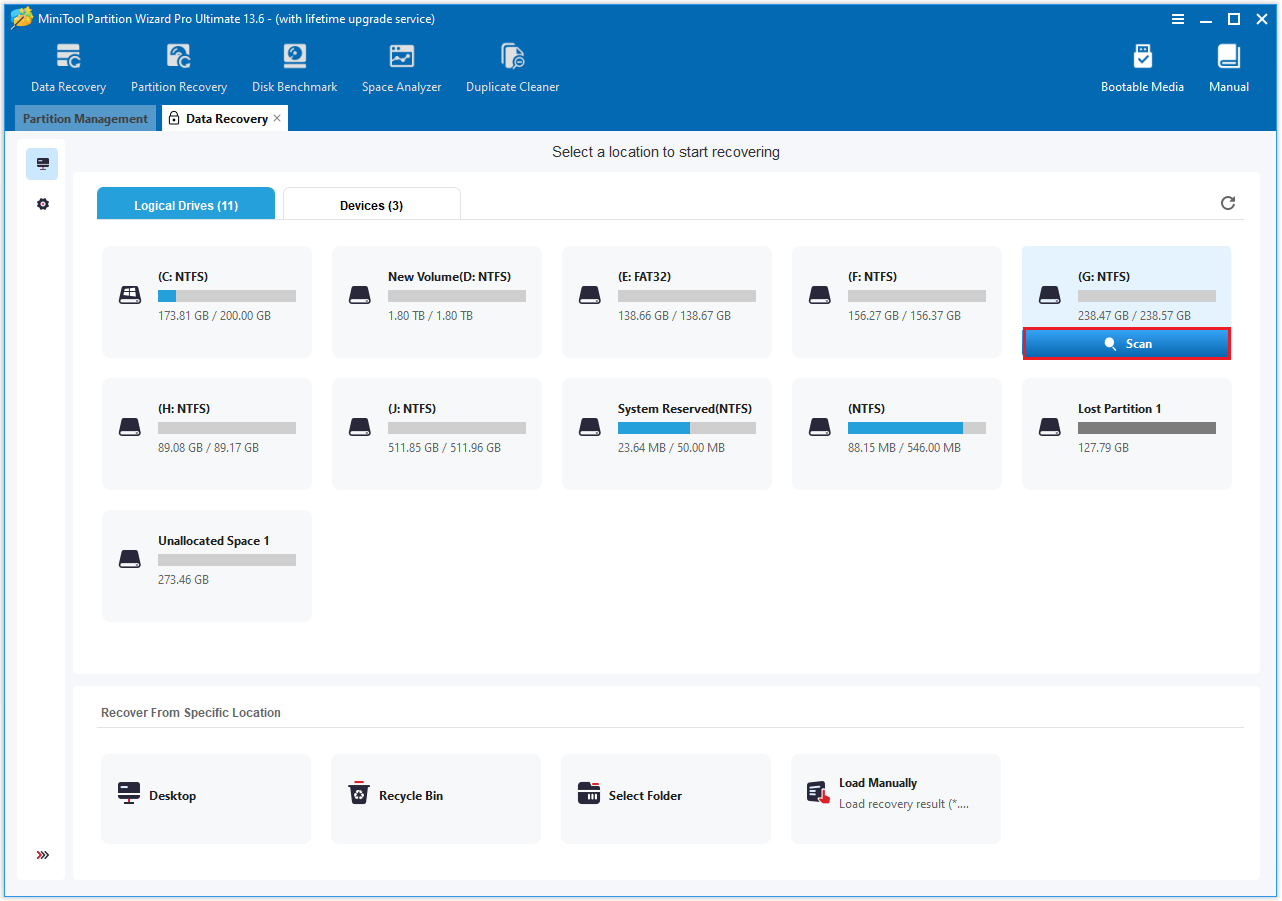 The Data Recovery interface with the selected Scan option.