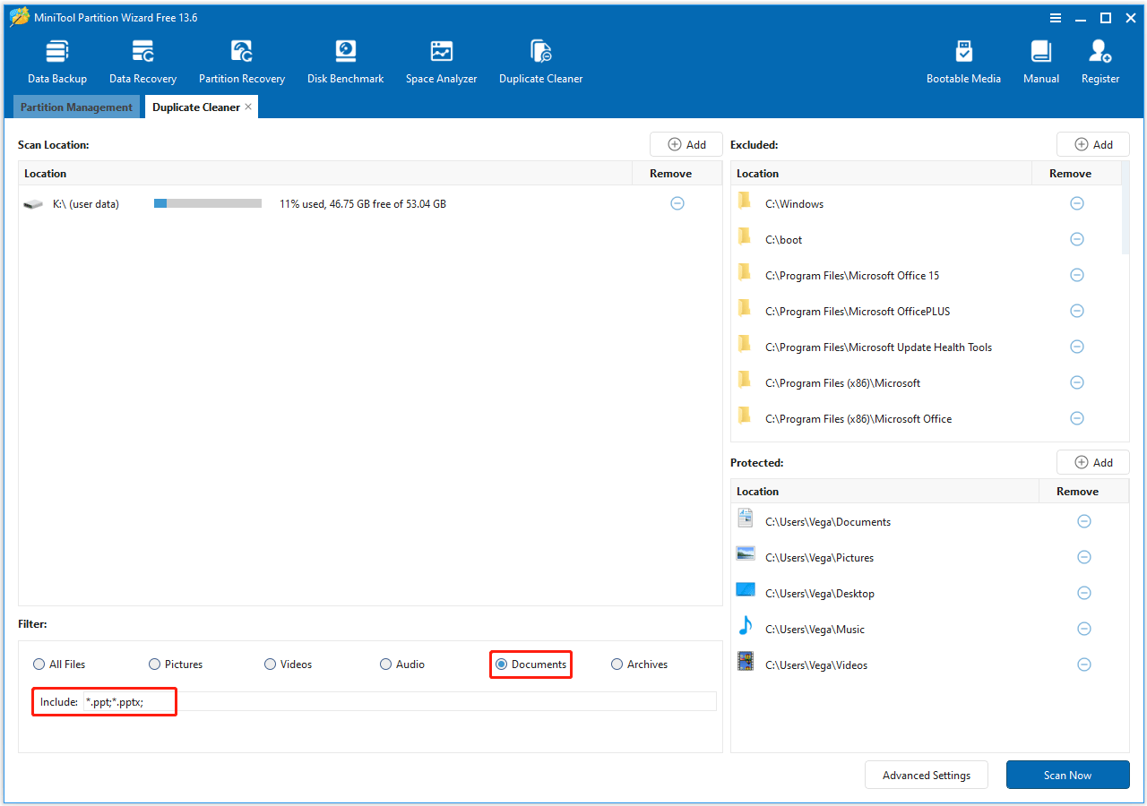 「ドキュメント」ファイル拡張子とPowerPointが選択されたMiniTool Partition Wizardインターフェイス。
