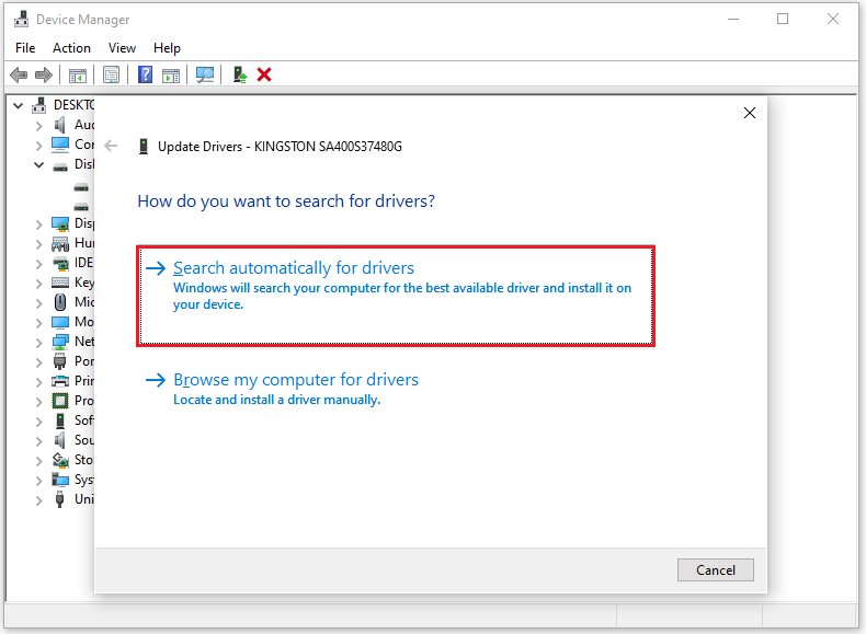 The Device Manager interface with the selected Search automatically for drivers.