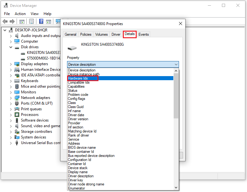 The Device Manager interface with the selected Hardware Ids option.