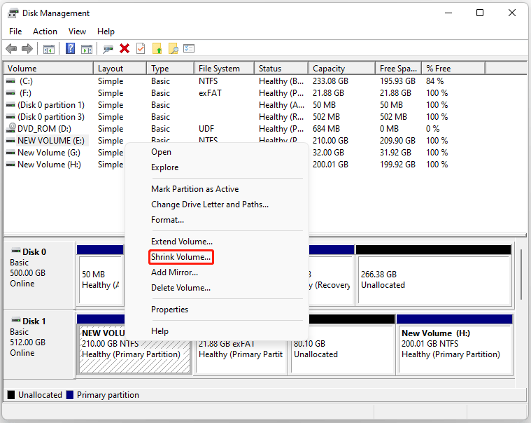 The Disk Management window with the Shrink Volume option selected.