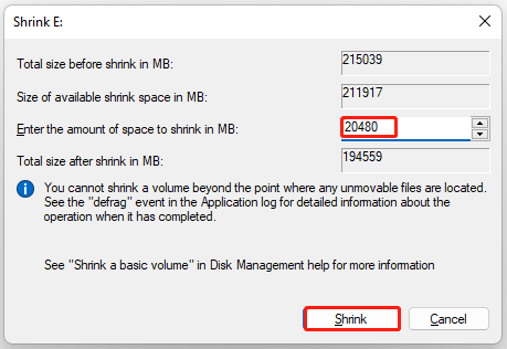 The Shrink partition window with the enter the amount of space to shrink in mb selected.