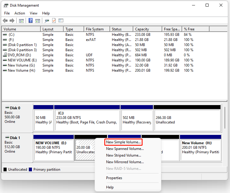 The Disk Management interface with the New Simple Volume option selected.