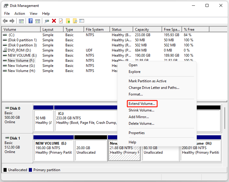 The Disk Management interface with the Extend Volume option selected.