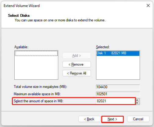 The Extend Volume Wizard window with the select the mount of space in mb selected.