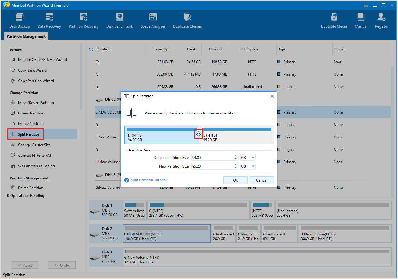 The MiniTool Partition Wizard interface with the Split Partition and borderline option selected.