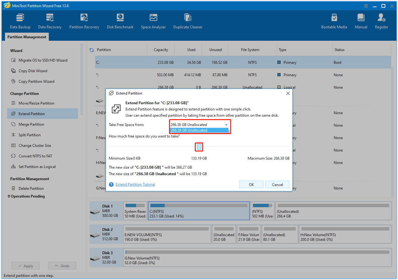 The MiniTool Partition Wizard interface with the Extend Partition window shown.