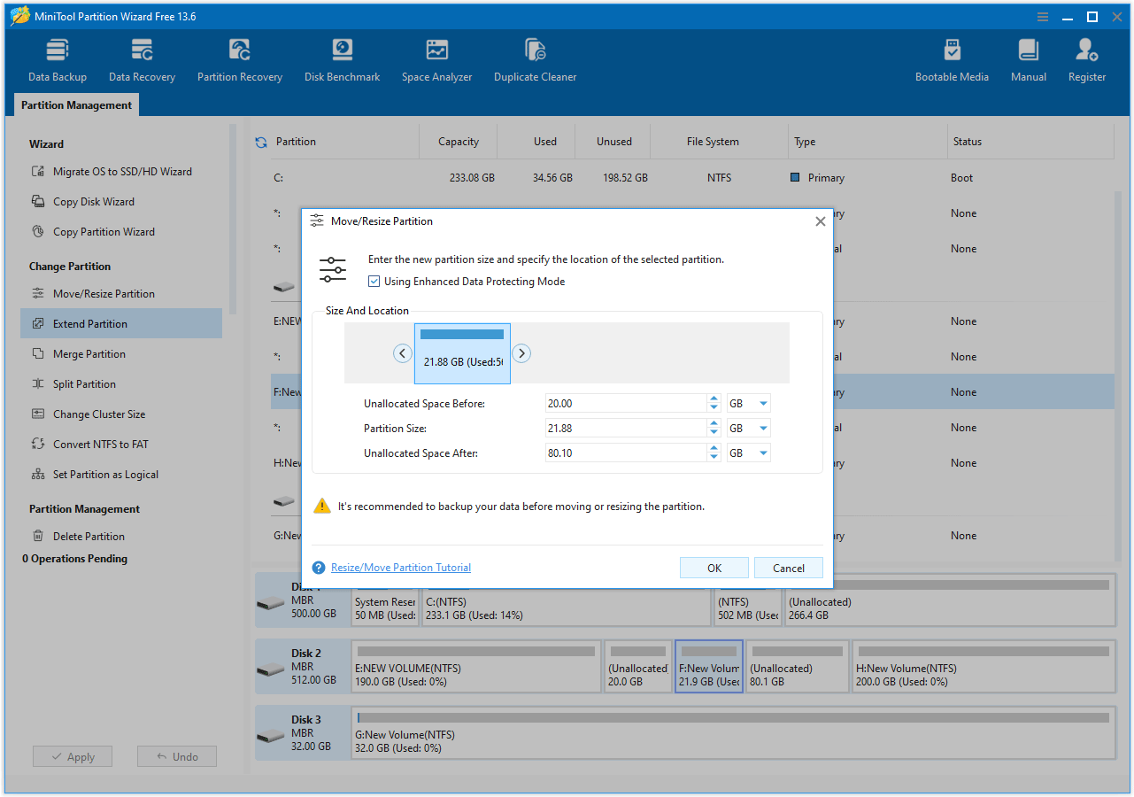 The MiniTool Partition Wizard interface with the Move or Resize Partition window shown.
