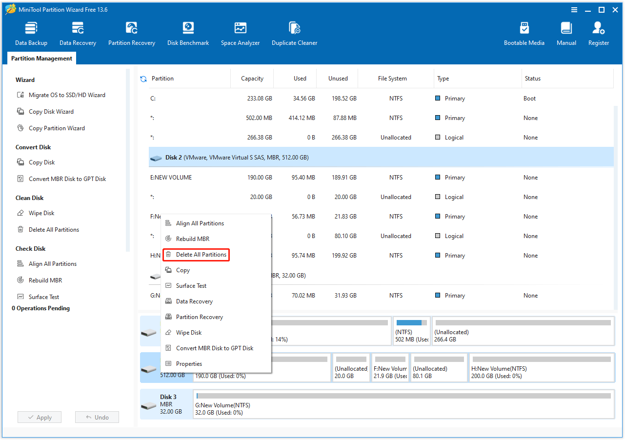 The MiniTool Partition Wizard main interface with the Delete All Partitions option selected.