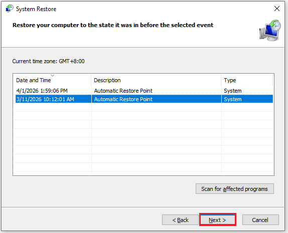 The System Restore interface with the selected Restore Point and click Next.