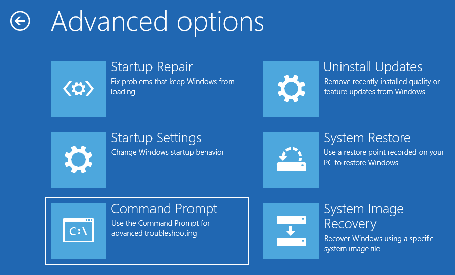 The Advanced options interface with the selected Command Prompt option.