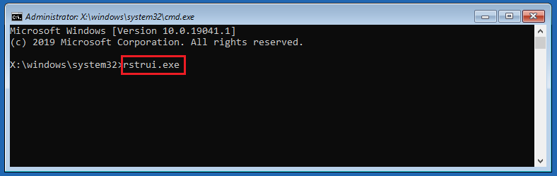 The Administrator interface with typing rstrui exe.
