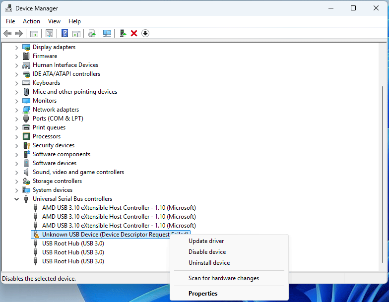 Device Manager interface with the selected Unknown USB Device.
