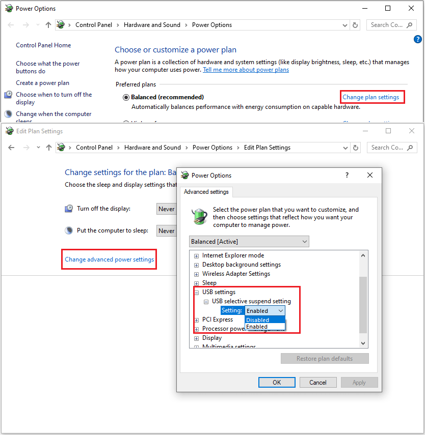 Control Panel windows and the Power Options window showing the disabled USB selective suspend setting.