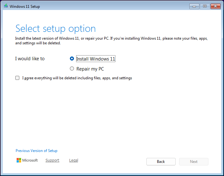 The Windows 11 Setup window with the selected Install Windows 11 option.